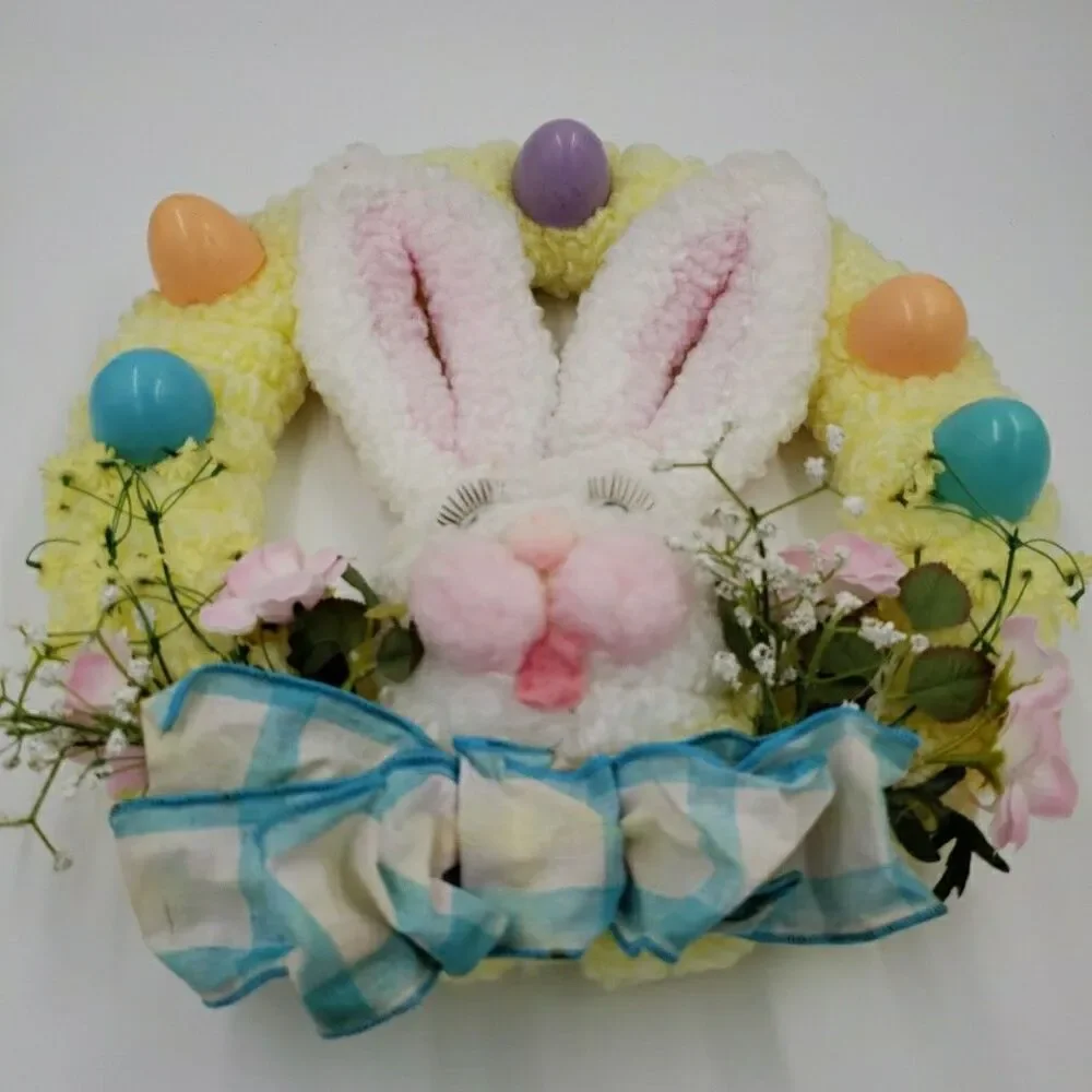 Easter Bunny Pastel Door Wreath Vintage 80s Handmade Crafting Looped Chenille